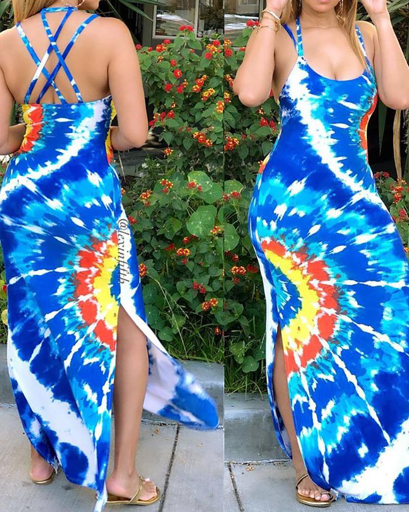 

Tie Dye Print High Slit Cross Back Maxi Dress, Blue