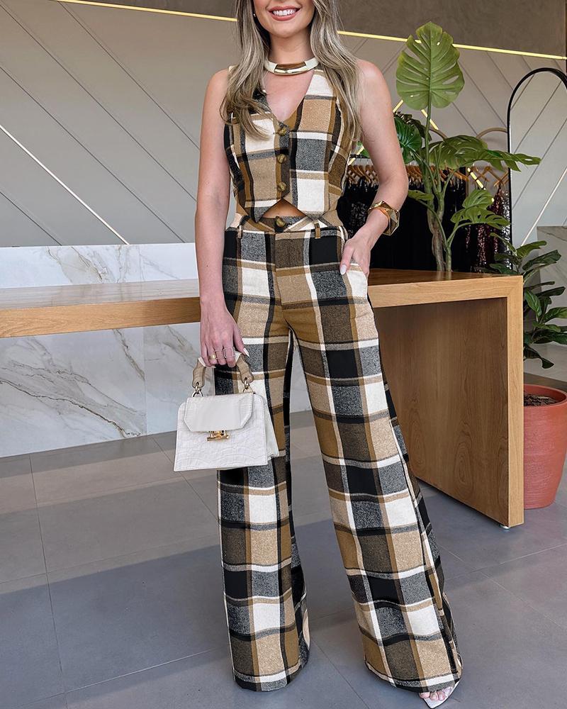 

Plaid Print Pocket Design Jumpsuit, Khaki