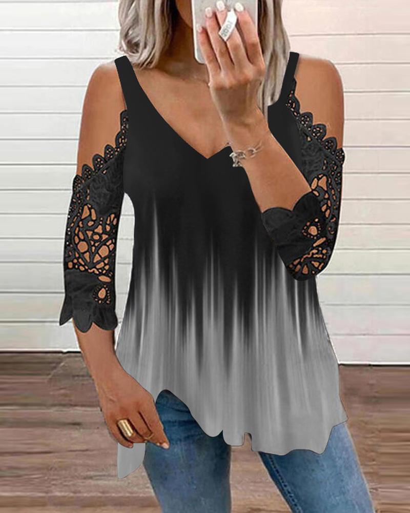 

Colorblock Contrast Lace Cold Shoulder Top, Gray