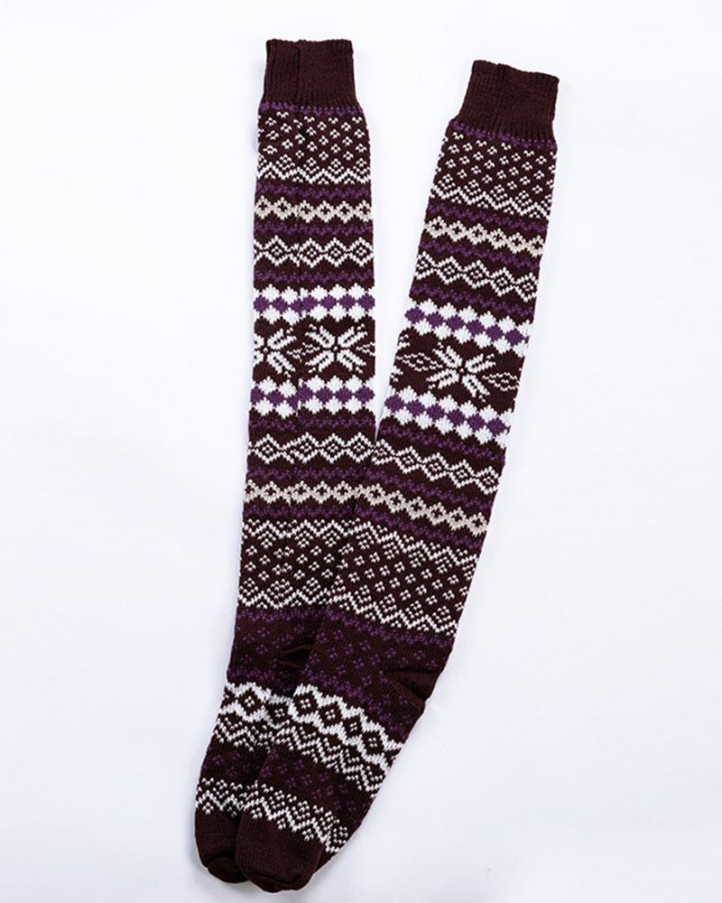 

Christmas Patterns Knitted Over-Knee Socks, Wine red