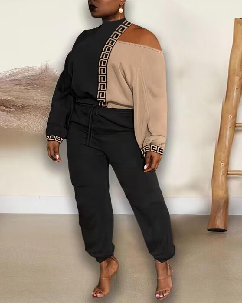 

Plus Size Geometric Print Colorblock Cold Shoulder Sweatshirt & Sweatpants Set, Khaki