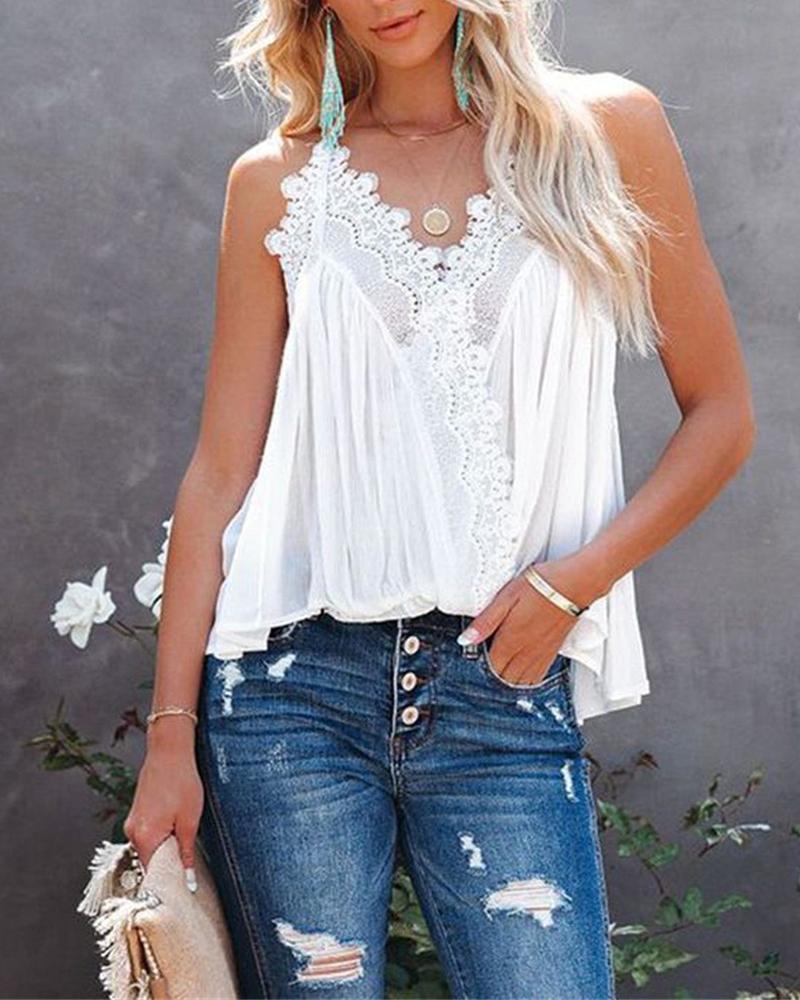 

Contrast Lace Flowy Cami Top, White