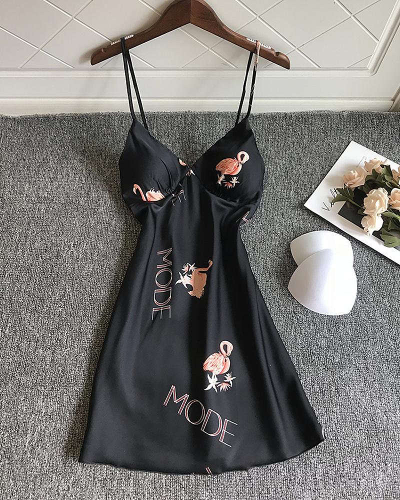 

Flamingo Letter Print Satin Padded Babydoll, Black