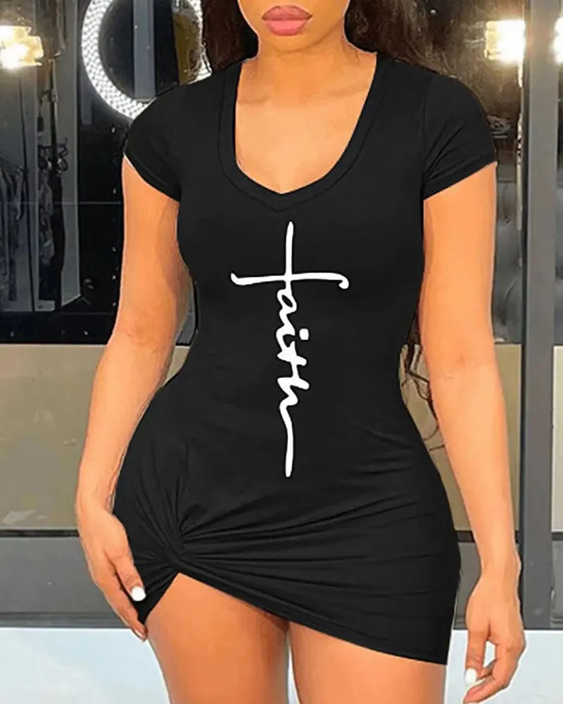 

Letter Print Twist Design Casual Dress, Black