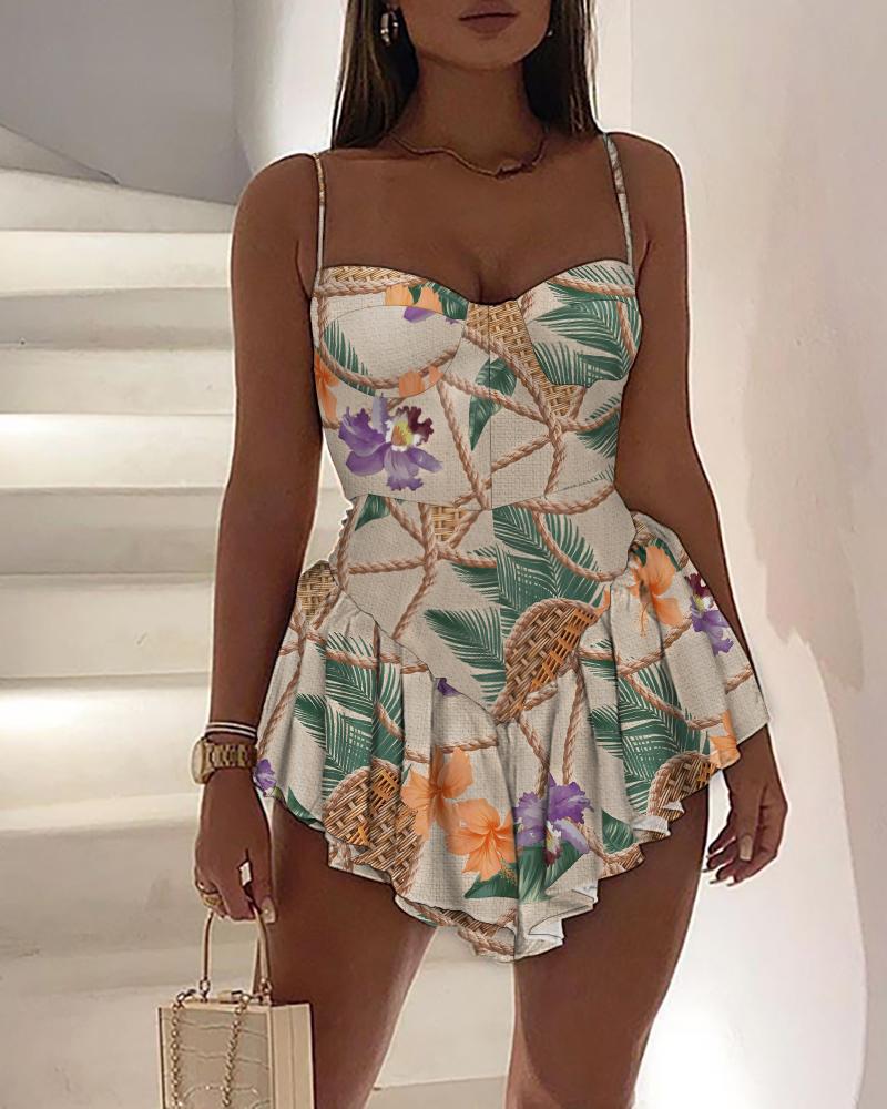 

Tropical Print Cami Ruffles Irregular Dress, Multicolor