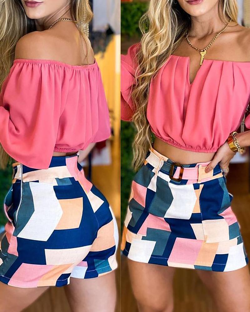 

Off Shoulder Ruched Crop Top & Abstract Print Culotte Shorts Set, Hot pink