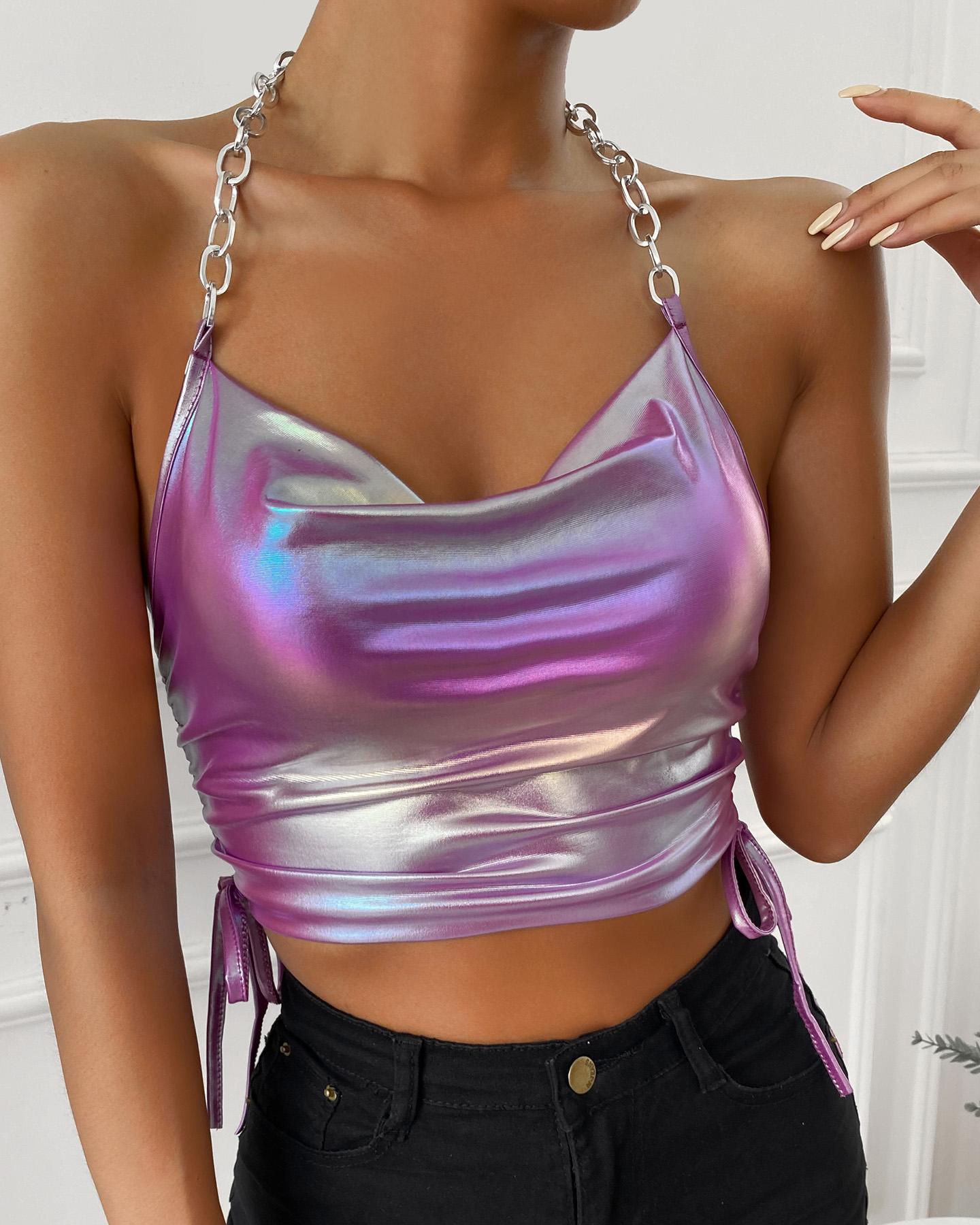 

Shiny Chain Strap Loose Tanks, Purple