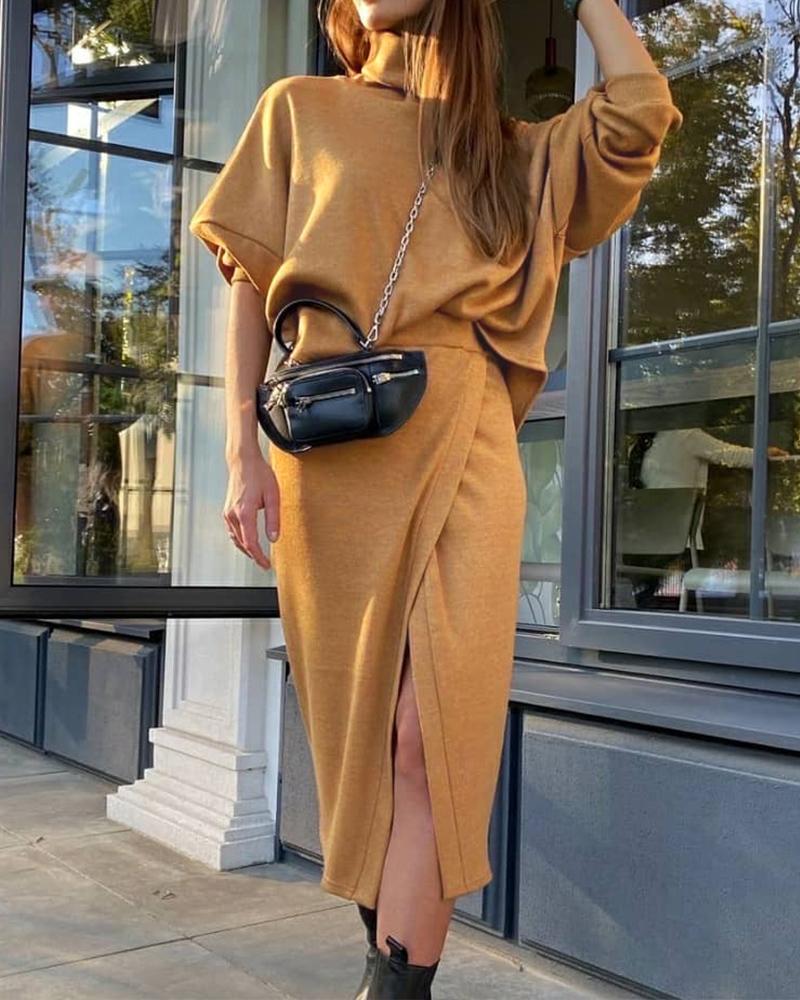 

High Neck Long Sleeve Tee & Slit Skirt Set, Yellow