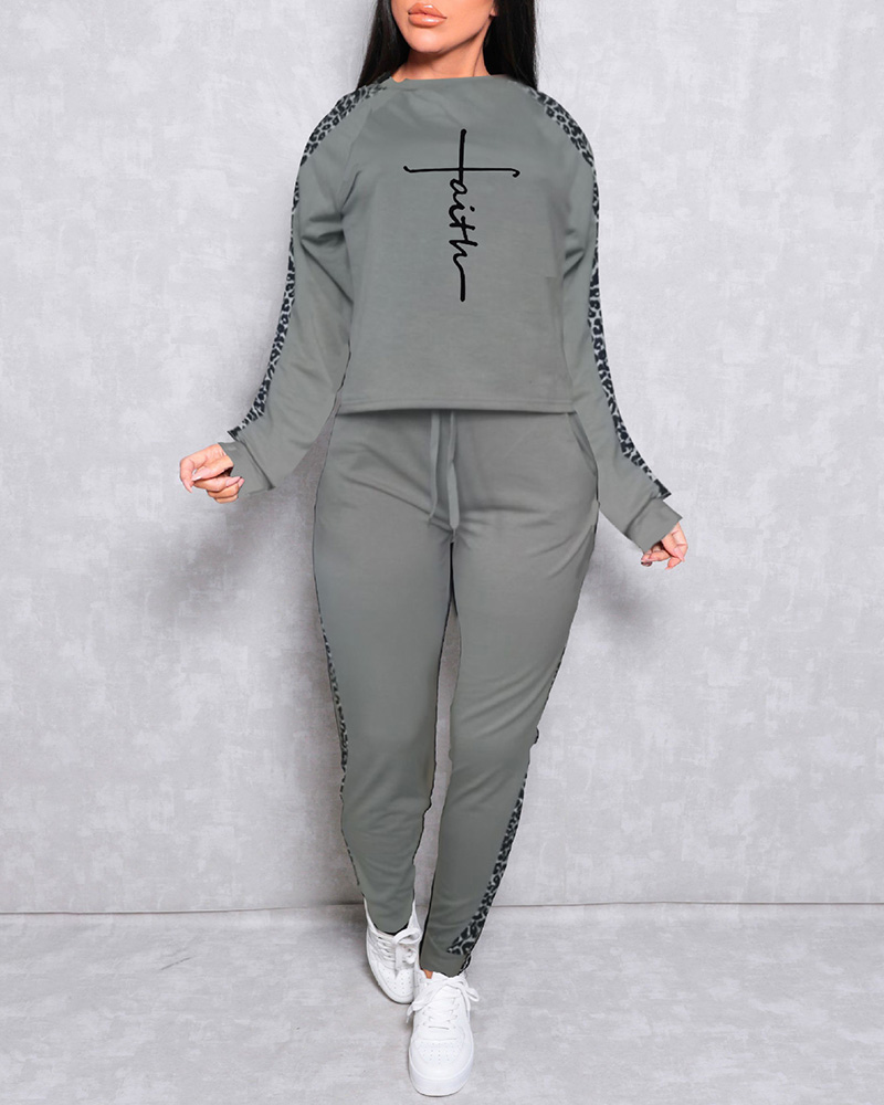 

Letter Cheetah Print Long Sleeve Top & Drawstring Pants Set, Gray
