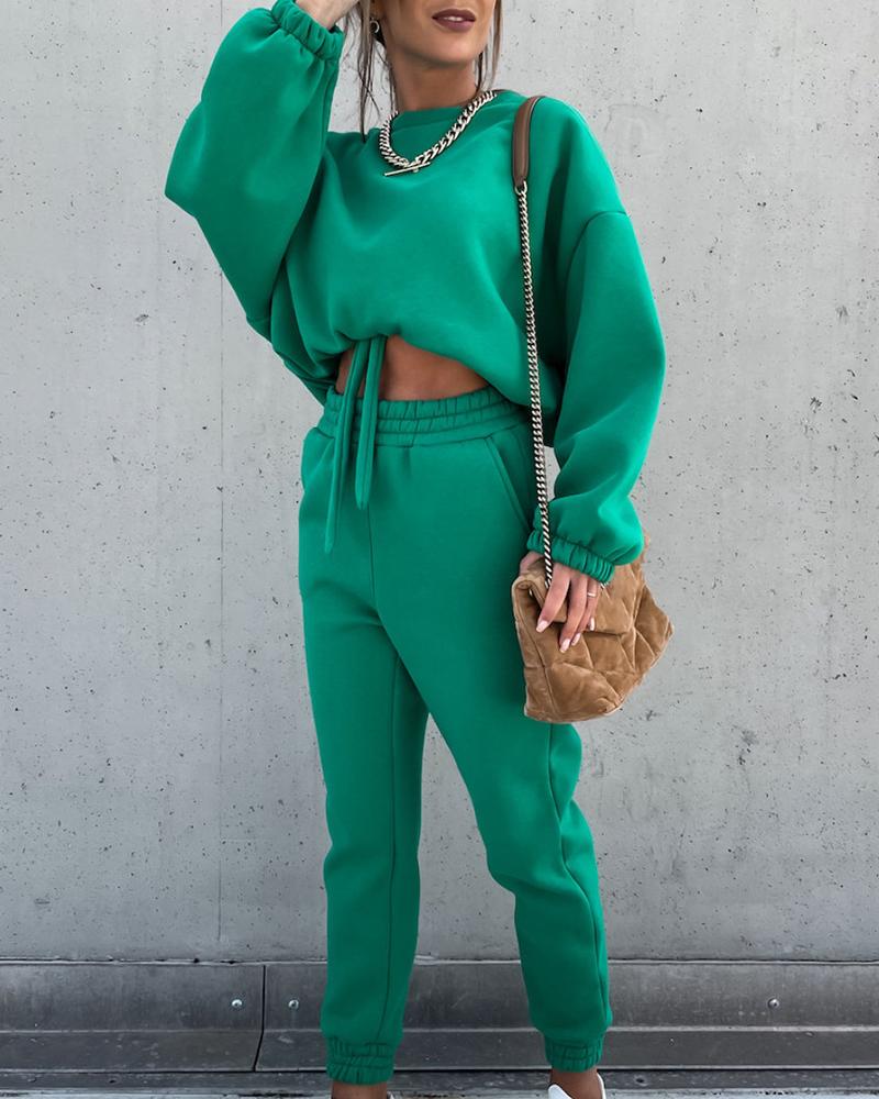 

O Neck Long Sleeve Drawstring Top & High Waist Pants Set, Green