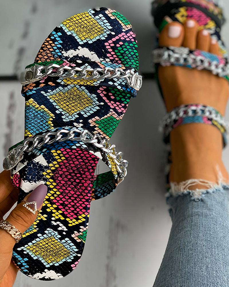

Snakeskin Chain Decor Double Strap Slippers, Multicolor