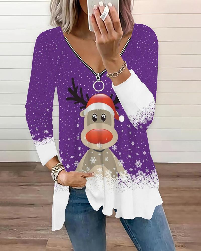 

Christmas Elk Graphic Print Zipper Design Top, Dark purple