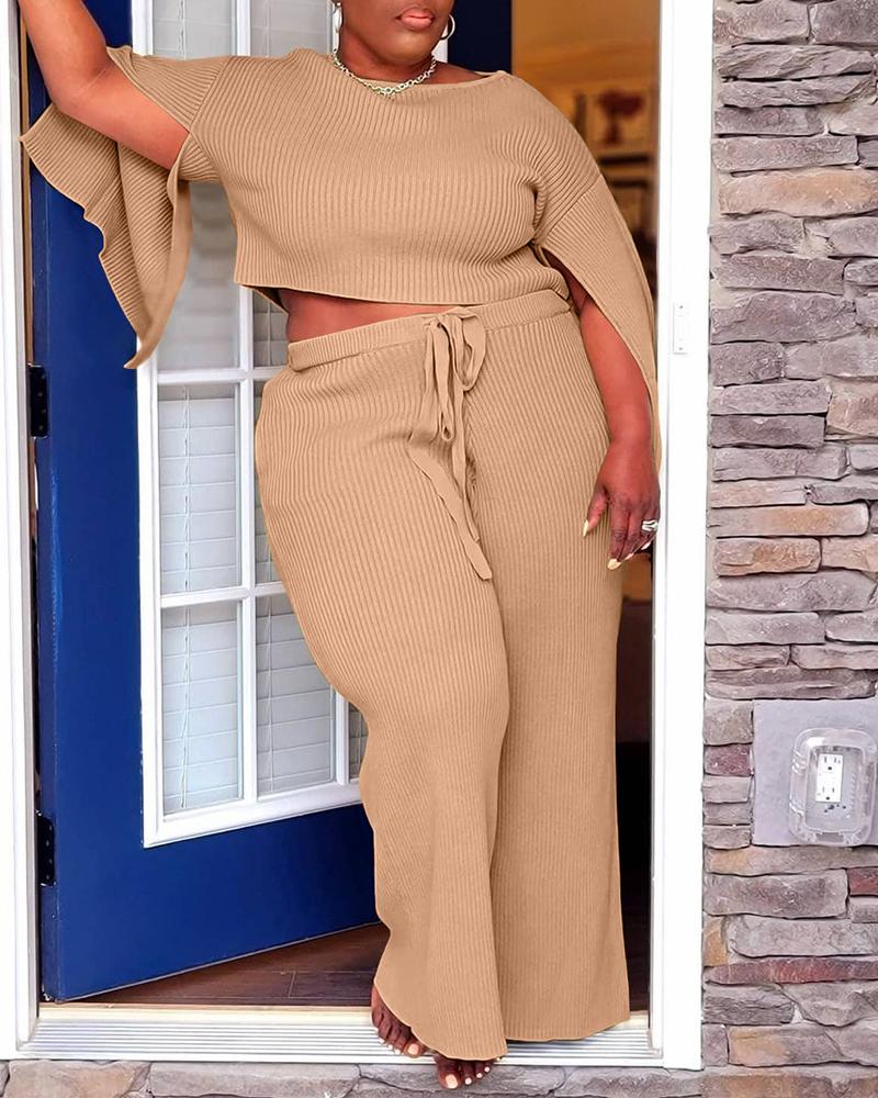 

Plus Size Ribbed Split Sleeve Crop Top & Pants Set, Khaki