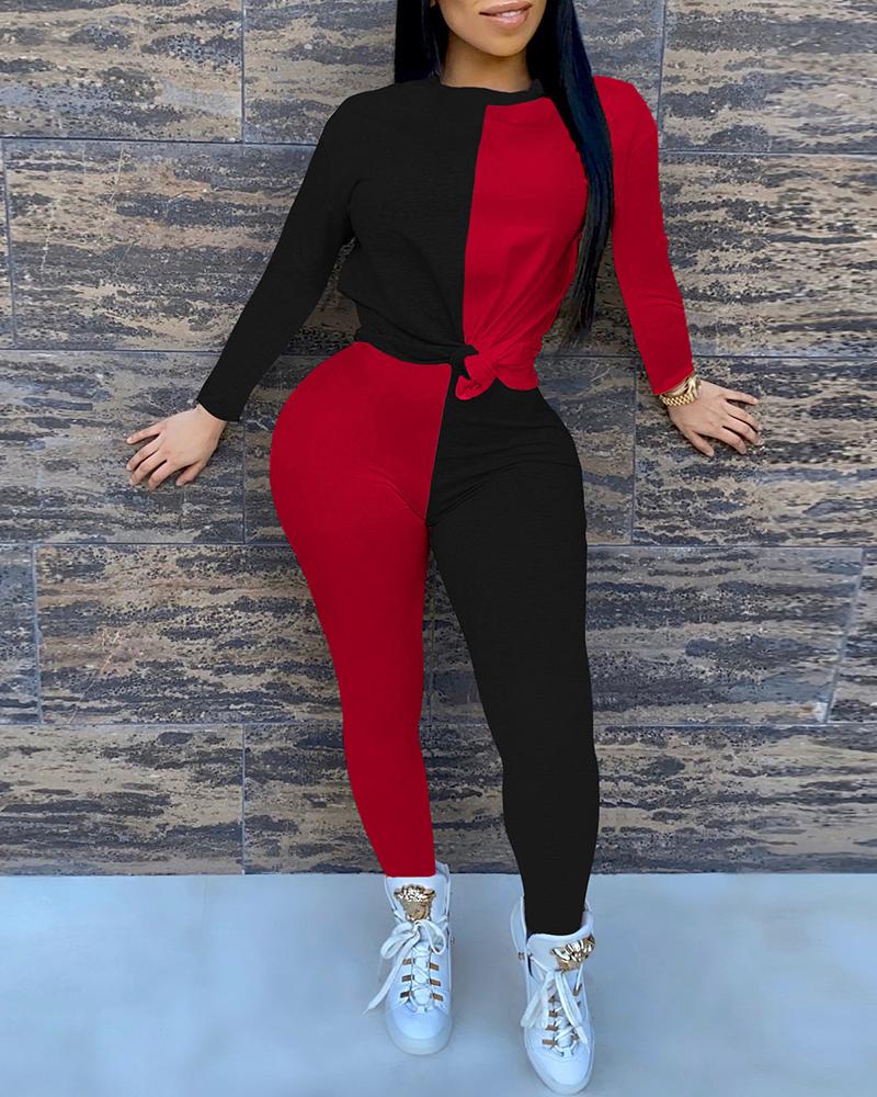 

Colorblock Long Sleeve Top & Pants Set, Red