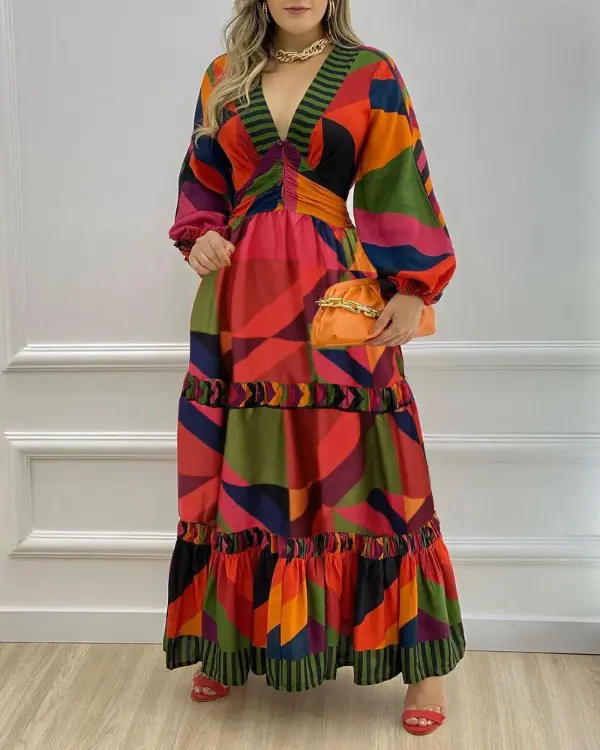 Robe Manche Lanterne Unie Patchwork