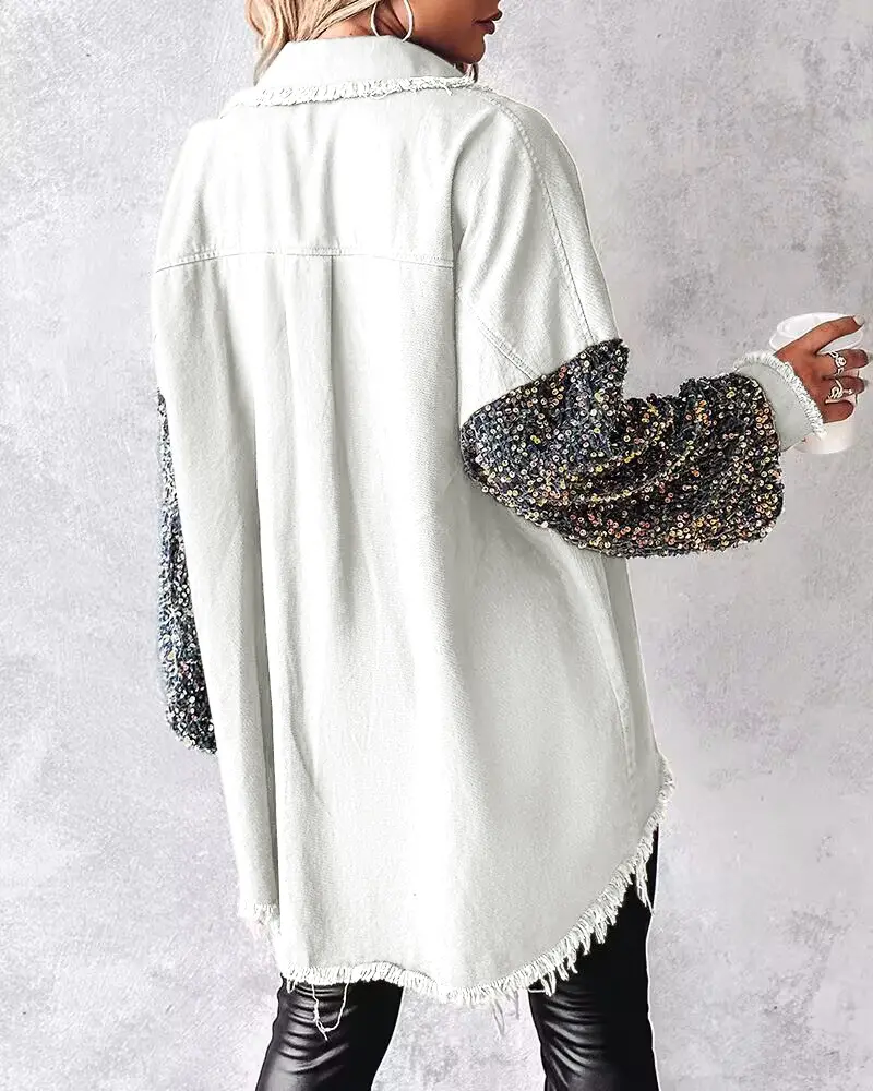 Casual Jacket Sequin Patchwork Long Sleeve Jacket Top Button