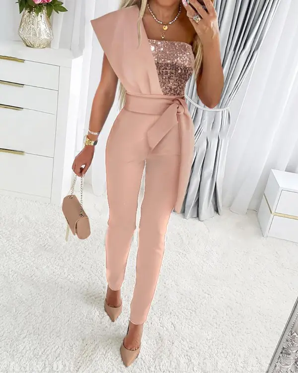 One Shoulder Contrast Mesh PU Leather Jumpsuit