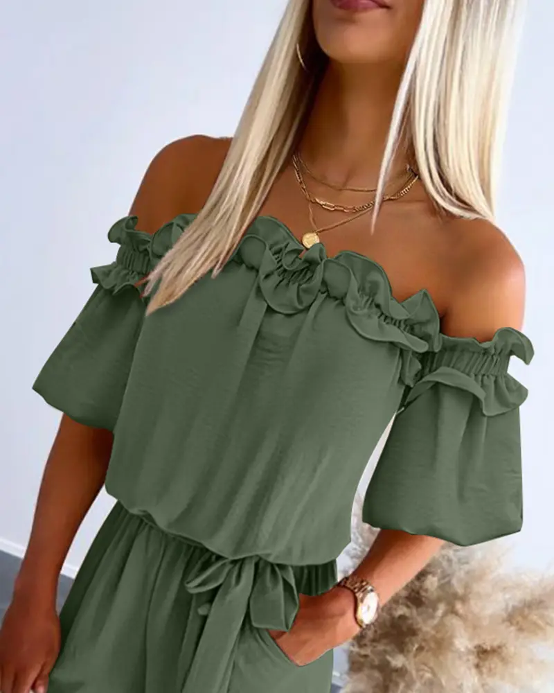 【COLOR iN ID】Of frill off shoulder Hemera Off-Shoulder Ruffle-Trim Gown in Light Blue | Oh Polly