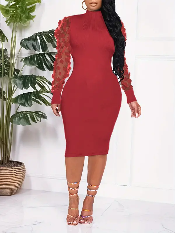 Manche Longue Robe Midi Manche Bouffante Robe Mi-longue Côtelée à