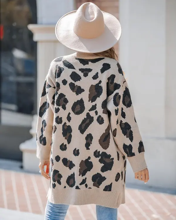 Leopard Pattern Longline Knit Cardigan Open Front Sweater