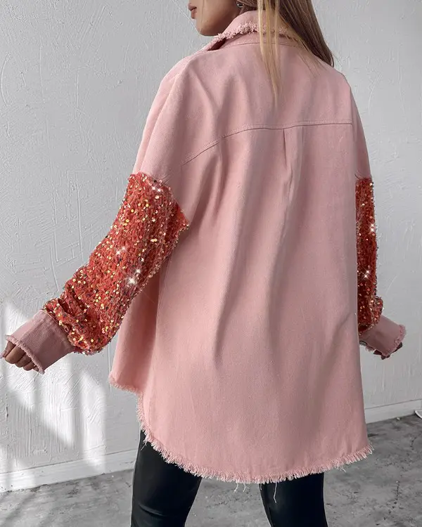 Casual Jacket Sequin Patchwork Long Sleeve Jacket Top Button