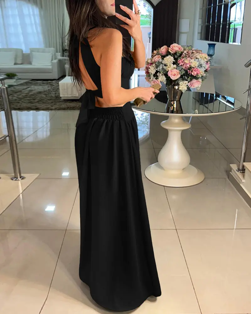 Halter Sleeveless Tied Detail Shirred Criss Cross Flared