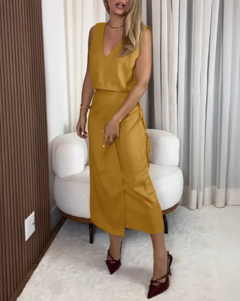 Vestido longo casual com decote em V, sem mangas, com botões e