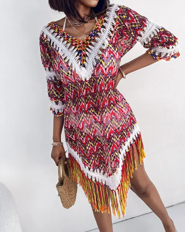 Beach Vacation Hollow Out Tassel Knit Cover Up Midi Dress