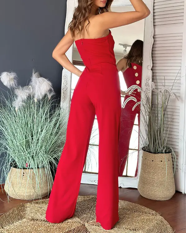 Asymmetrical Bandeau Strapless Jumpsuit Metal Button Decor