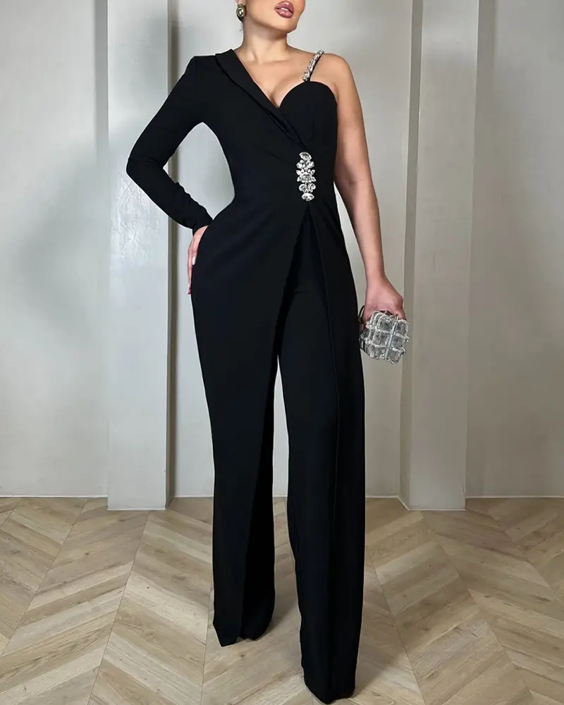 Asymmetrical Bandeau Strapless Jumpsuit Metal Button Decor