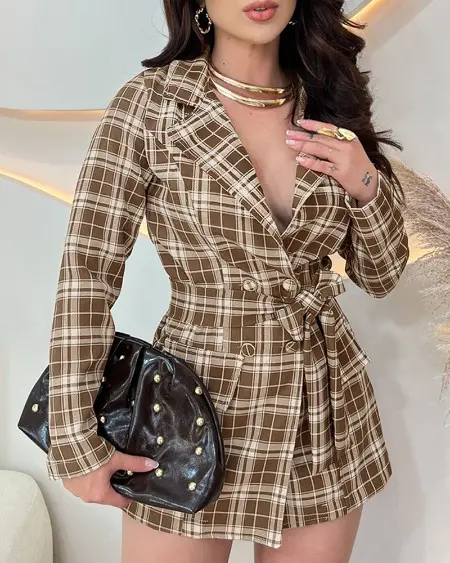 ノット Notched Collar Paded Shoulder Long Sleeve Romper Casual