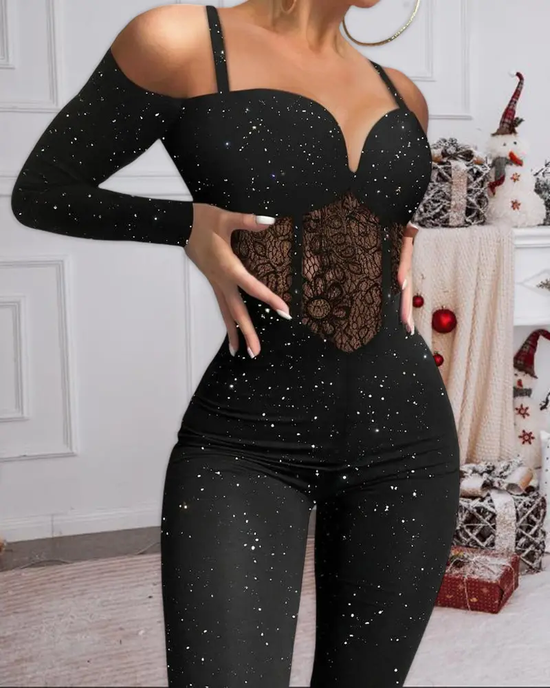 Jacquard Sheer Mesh Patch Turn-down Collar Jumpsuit Elegant